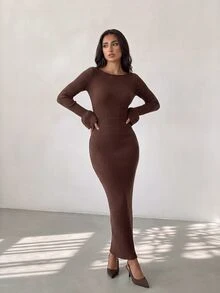 Glamine Women's Solid Color Elegant Ribbed Knit Dress With Flared Sleeves And Back Slit - Coffee Brown - View 2