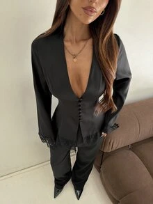 Aloruh Women's Button Lace Patchwork Jacket And Pants Suit Set - Black - View 6