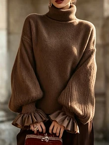 LUMIGAL Women's Solid Color High Neck Drop Shoulder Long Sleeve Loose Top - Apricot - View 3