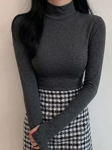 DAZY 女款長袖高領修身百搭休閒T恤 - 灰色 - 查看 8