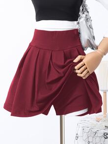 SHEIN 女童深紅色百褶裙褲，秋季服飾，百搭夏季休閒學院風校園裙褲，假期穿搭 - 酒紅色 - 查看 1