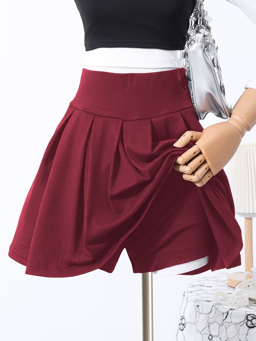 SHEIN 女童深紅色百褶裙褲,秋季服飾,百搭夏季休閒學院風校園裙褲,假期穿搭 - 酒紅色 - 查看 1