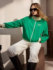 Nima Coro Letter Print Contrast Color Stand Collar Zip-Up Long Sleeve Sweatshirt Suitable For Daily Wear - Green - View 7
