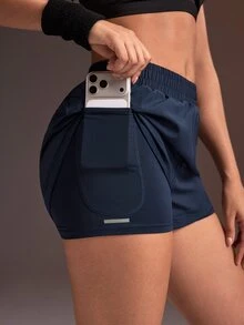 Powerista Women's Elastic Waist Double Layer Daily Fitness Sports Shorts - Navy Blue - View 4