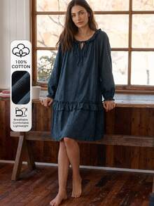 DAZY Women's Solid Color Pleated Casual Daily Home Sleep Dress - Navy Blue - View 4