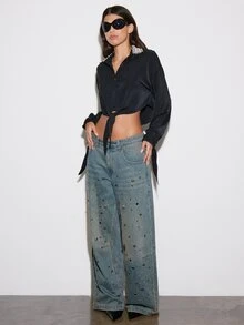 BAD SUNDAY Women's Autumn/Winter Cropped Patchwork Collar Long Sleeve Blouse, Y2K Vintage Style - Black - View 1