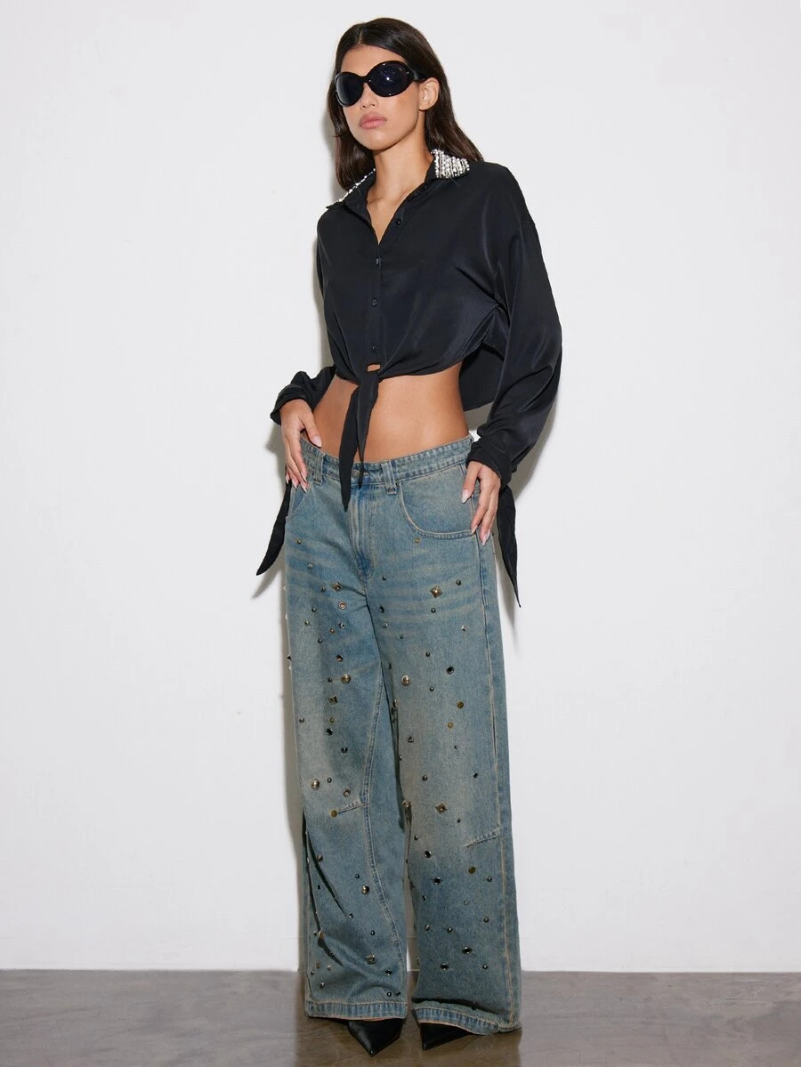 BAD SUNDAY Women's Autumn/Winter Cropped Patchwork Collar Long Sleeve Blouse, Y2K Vintage Style - Black - View 1