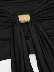 Sweetra Plus Size Bodycon Skirt With Metal Buckle Decoration - Black - View 6