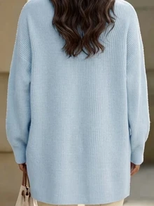 SHEIN LUNE CURVE 大尺碼女款休閒秋冬中長版開襟衫，翻領設計，單排金屬手工縫製鈕扣，落肩設計與燈籠袖 - 淺藍色 - 查看 4