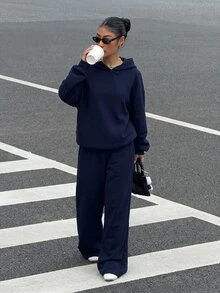 Muchica 女款 2 件組休閒極簡連帽衫套裝，純色運動衫套裝，適合約會、度假、派對、日常穿著、聚會、戶外活動 - 藏蓝色 - 查看 4
