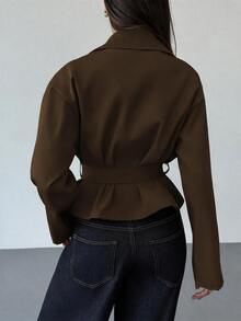 Aloruh 米色收腰短款女式風衣，適合秋冬，百搭辦公室優雅教師節法式優雅風 - 棕色 - 查看 2