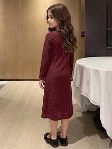 DAZY Tween Girl) V-Neck Pleated Asymmetric Long Dress, Autumn Dress - Burgundy - View 2