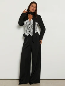 Aloruh Women's Lace Patchwork Long Sleeve Jacket And Pants Suit Set,Autumn,Winter - Black - View 6