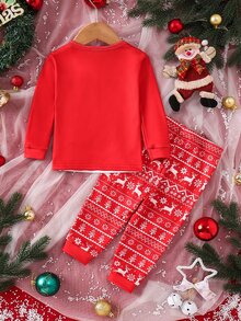 SHEIN 男嬰休閒簡約舒適貼身長袖圓領褲裝家居服，適合秋冬、聖誕節、新年送禮 - 紅色 - 查看 2