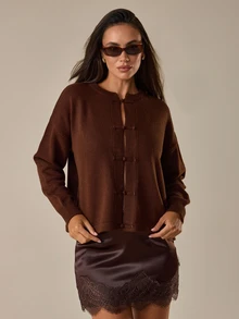 SHEIN Women's Vintage Frog Button Long Sleeve Knit Cardigan - Brown - View 3