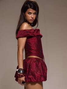 MUSERA Red Jaquard Lace Up Bardot Corset Fall Winter Festival Going Out Lost Whispers - Burgundy - View 3
