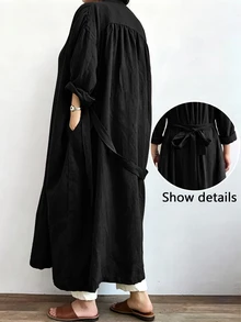 Linhara CURVE Jaket Linen Panjang Kasual Wanita, Pakaian Luar Kasual untuk Jalan-jalan dan Berpergian - Hitam - View 2