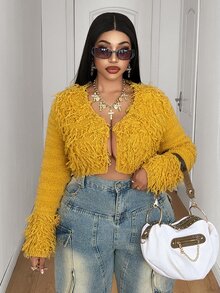 Maweii Sexy,Yellow,Tassel Decoration,Elegant/Fashionable,Party,Long-Sleeved Cardigan,Women's Coat,Autumn/Winter,Christmas, Plus Size Women's Knit Cardigan - Yellow - View 2