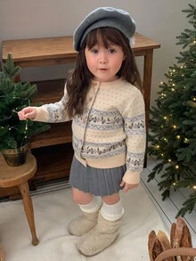 DAZY Infant/Toddler (Girl) Round Neck Floral Korean Style Autumn/Winter Casual Knit Sweater - Dusty Blue - View 8