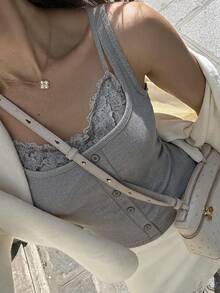 DAZY Women's Grey Square Neck Lace Trim Button Ribbed Fitted Sleeveless Versatile Camisole - White - View 2