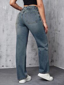 SHEIN EZwear 女款街頭風鈕扣口袋牛仔長褲，適合日常穿著 - Fresh Green - 查看 2