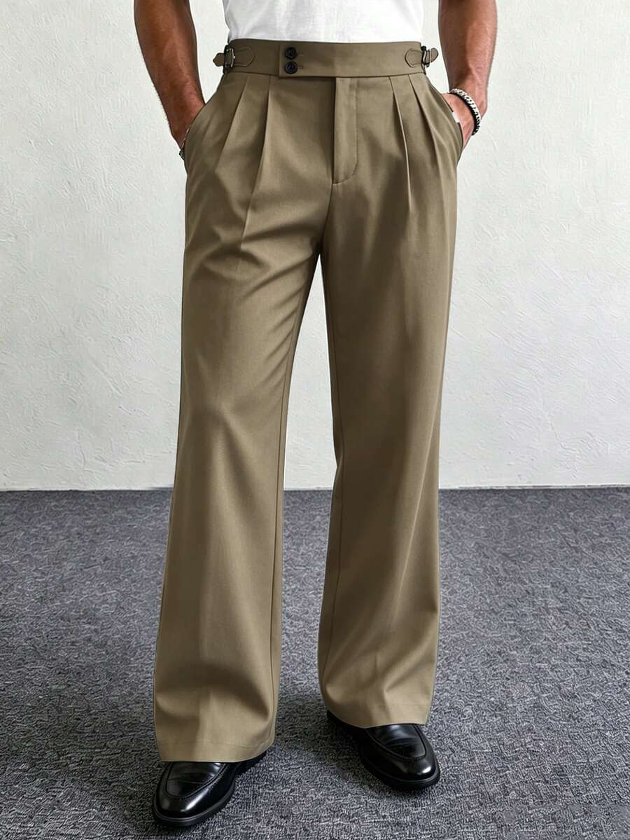 Manfinity Homme 男士黑色喇叭時尚休閒長褲 - 卡其色 - 查看 1