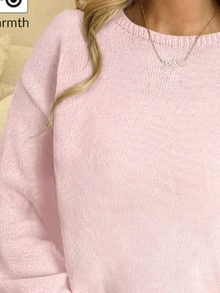 SHEIN 青少年女孩秋冬休閒保暖內裡加厚圓領套頭毛衣，精緻小標誌馬賽刺繡，寬鬆大碼長袖粉色毛衣 - 粉色 - 查看 5
