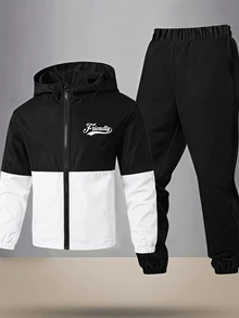 SHEIN 2件組青少年男孩休閒運動字母印花拼接配色連帽外套與長褲套裝，適合通勤、上學、日常休閒、度假、旅行、運動，秋冬季節穿搭，秋季服飾 - 黑與白 - 查看 5