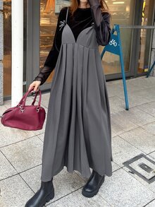 FRIFUL Women's Solid Color Pleated Casual Daily Summer Long Dress - Grey - View 4