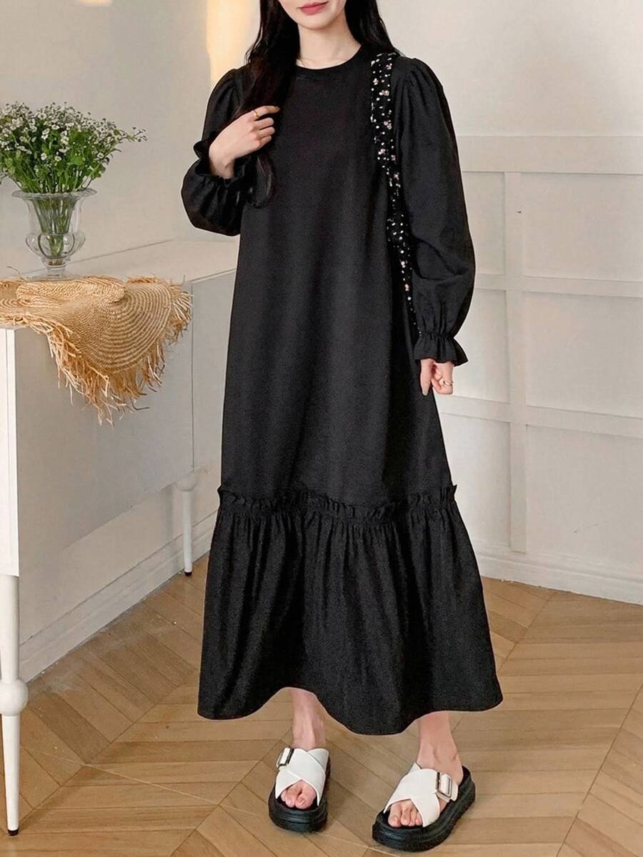 DAZY Women's Solid Color Round Neck Long Sleeve Ruffle Hem Casual Loose Fit Dress - Black - View 1