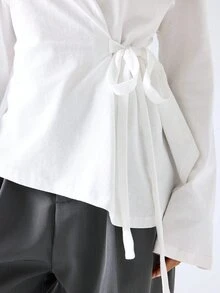 LYSMO Plus Size Solid Color Side Pocket Asymmetrical Hem Long Sleeve T-Shirt - White - View 6