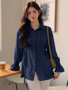 DAZY 女款純色長袖側綁帶收腰休閒通勤襯衫 - 藍色 - 查看 1