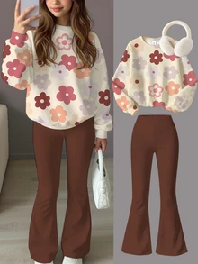 Tween Girls Casual Minimalist Cute Floral Pattern, Maillard Color Palette, Loose Round Neck Long Sleeve Sweatshirt & Flare Pants 2 Pieces Set, Suitable For Autumn/Winter, Fall Style, Fall Outfits, Winter, Autumn, Fall Sets - Multicolor - View 1