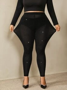 SHEIN CURVE+ 大尺碼女款亮片高彈力緊身內搭褲，萬聖節派對內搭褲，適合 5XL-8XL，聖誕節適用 - 黑色 - 查看 7