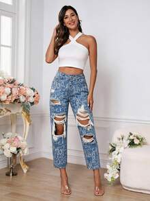SHEIN PETITE 女款破洞字母印花鈕扣修身時尚牛仔褲 - 藍色 - 查看 6