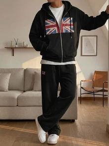 DAZY Autumn/Winter Thermal-Lined Black Flag Pattern Letter Print Men's Hoodie Sweatshirt Set With Elastic Waist Straight Leg Sweatpants - Black - View 10