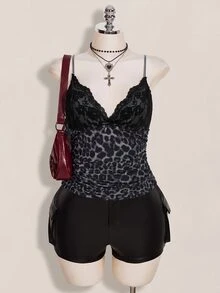 SHEIN ICON 大尺碼女款蕾絲拼接豹紋細肩帶背心 - 灰色 - 查看 5