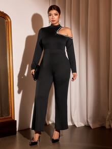 Cravure Plus Size Women's Faux Pearl Decor Casual Daily Wear Jumpsuit Flare - Black - View 5