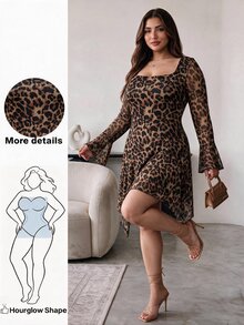 Hourglow Plus Size Sexy Leopard Print Asymmetrical Hem Dress - Brown - View 1