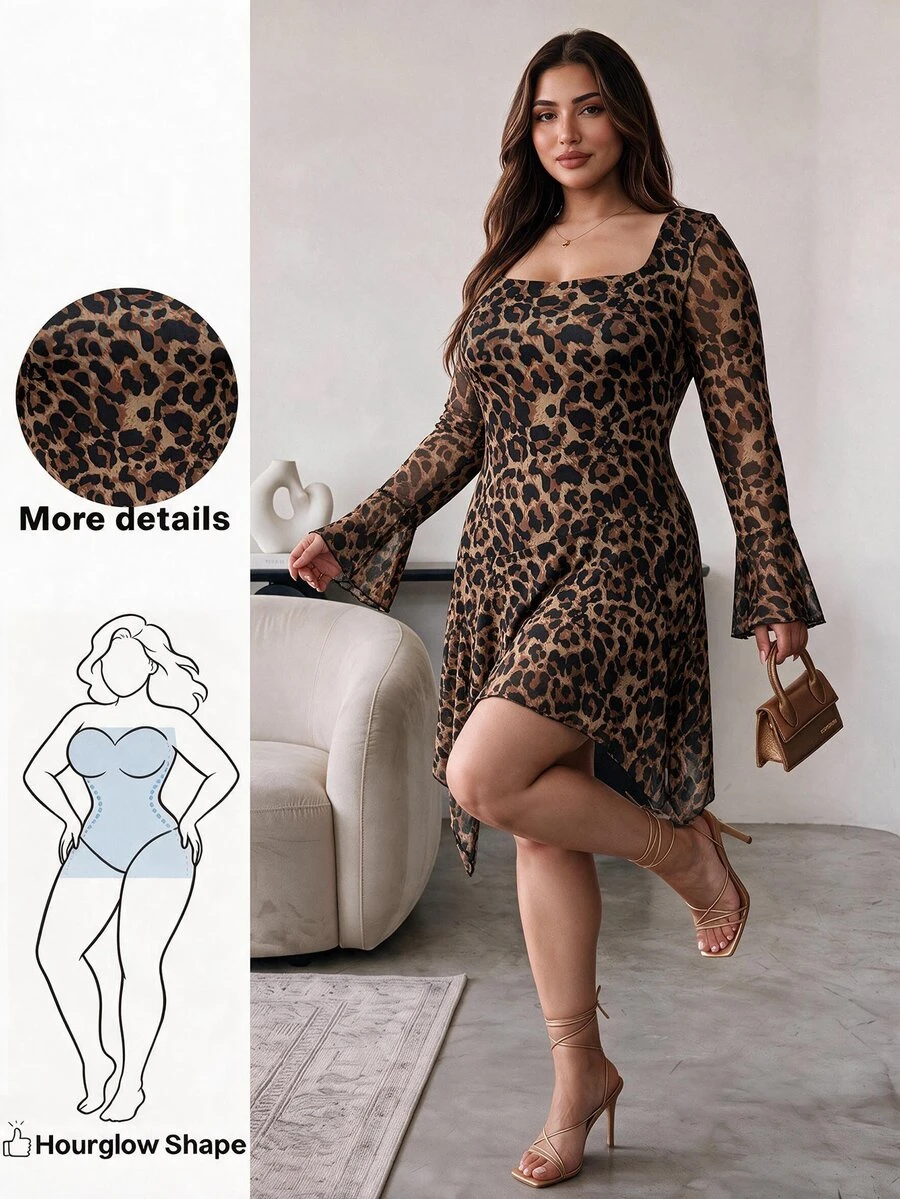 Hourglow Plus Size Sexy Leopard Print Asymmetrical Hem Dress - Brown - View 1