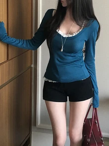 DAZY Women's Dark Green V-Neck Lace Trim Patchwork Slim Fit Long Sleeve Knit Thin Base Layer T-Shirt - Blue - View 2