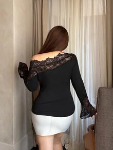 Vibekara Plus Size Asymmetrical Neckline Lace Patchwork Women's Top - Black - View 2