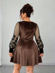 Elenzga Women's Plus Size Square Neck Solid Color Mesh Patchwork Embroidered Long Sleeve Cinched Waist Full Skirt Elegant Dress - Brown - View 2