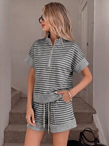 SHEIN LUNE 女款休閒夏季度假通勤日常基礎時尚外出穿搭條紋短袖上衣與短褲兩件套 - 灰色 - 查看 4