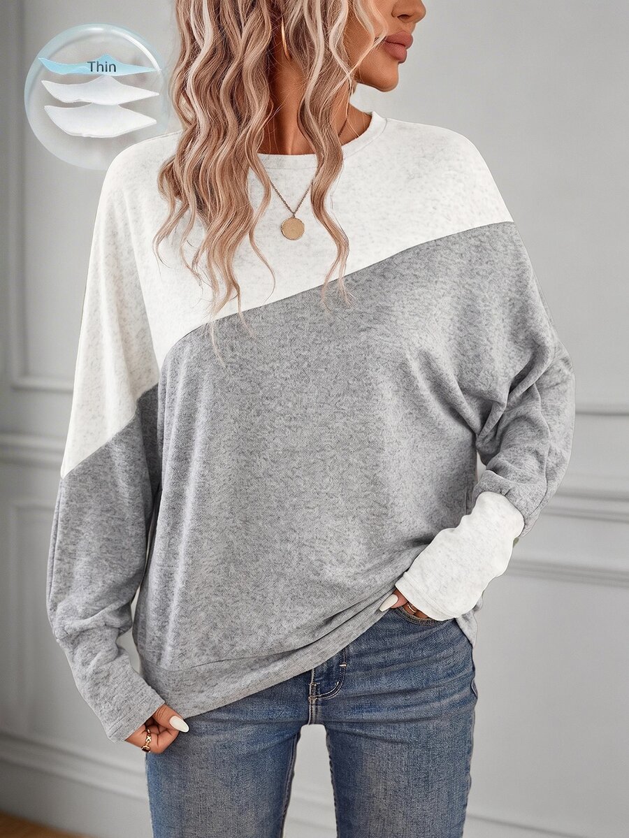 SHEIN LUNE 女款拼色休閒日常長袖運動衫 - 灰色 - 查看 1