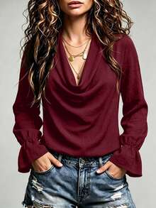 LUMIGAL Spring/Autumn New Commute & Vacation Solid Color Women's Cowl Neck Flare Sleeve Top - Burgundy - View 1