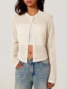 SHEIN BASICS كارديجان نسائي بسيط بأزرار وتصميم مفرغ محبوك رقيق - لون مشمشي - مشاهدة 7