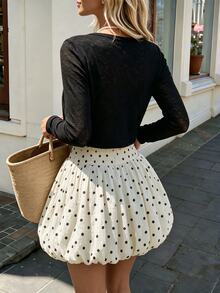 Cévolie Valentine's Day Date Outfit French Polka Dot Elegant Dress And Cardigan 2 Pieces Set - Black and White - View 2