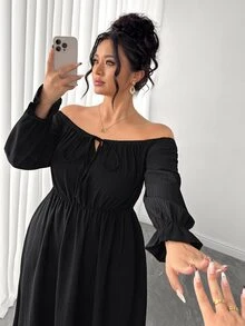 Elenzga Gaun Panjang Wanita Ukuran Besar untuk Musim Panas, Model Bahu Terbuka, Tali Ikat, Lengan Kelopak, Pinggang Elastis, dan Tekstur - Hitam - View 7