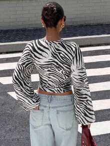 Muchica Nouveau T-shirt à manches longues blanc & gris vintage à rayures zébrées, coupe slim, top basique élégant et décontracté pour le printemps, l'été, l'automne et l'hiver, convient pour les sorties et les fêtes, tenue à rayures zébrées pour femmes - Multicolore - Voir 2